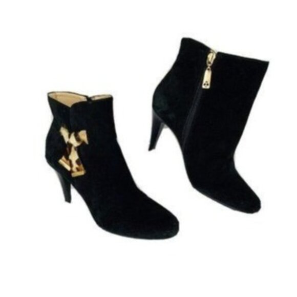 Talbots Leather High Cone Heel  Booties Leopard Calf Hair Bows  ize 10B Black - Picture 6 of 11